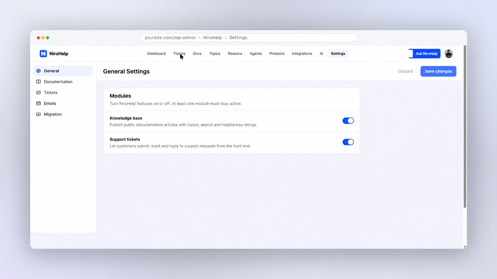 NiroHelp module settings