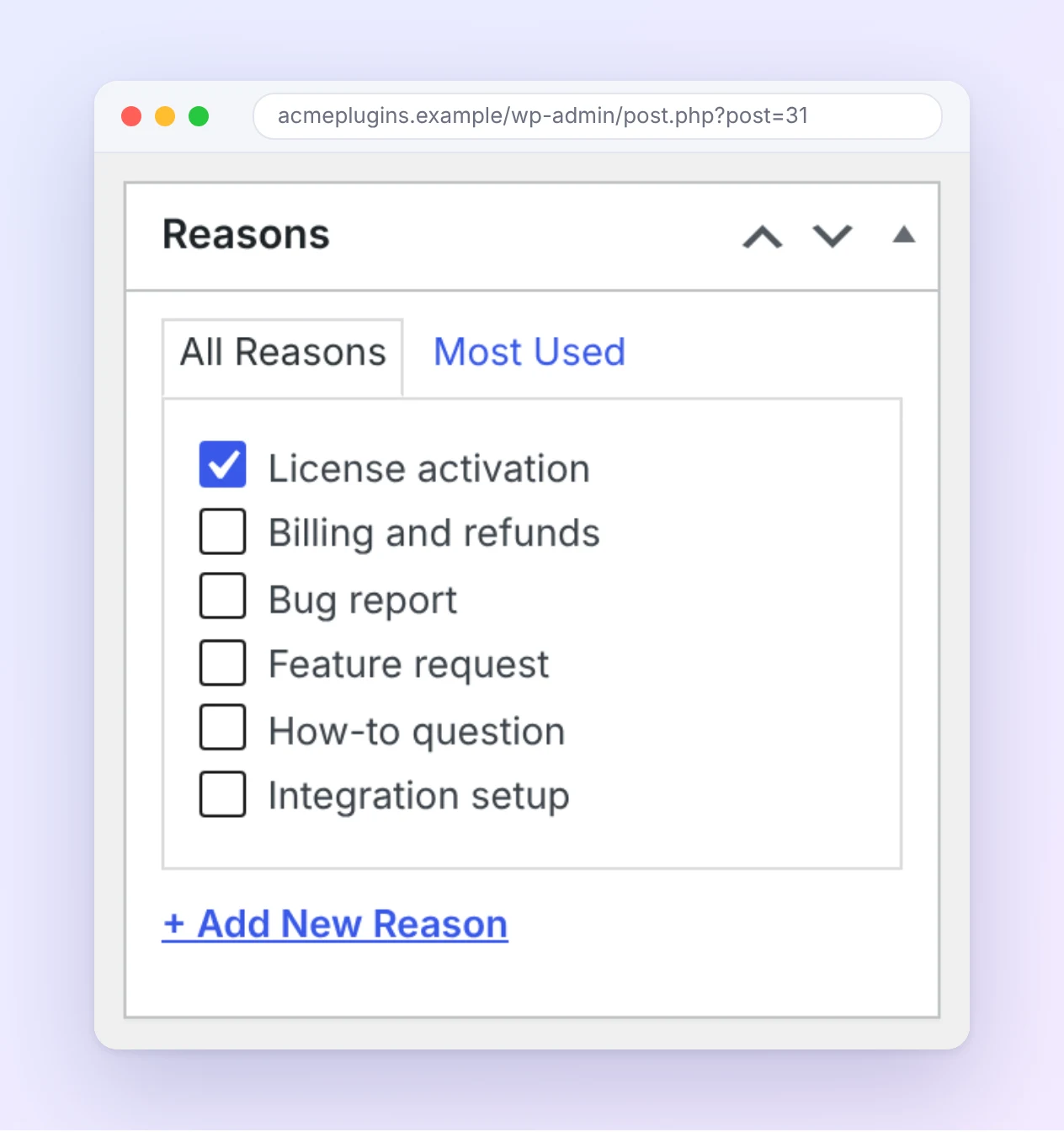 Knowledge base gap analysis ticket reasons box.