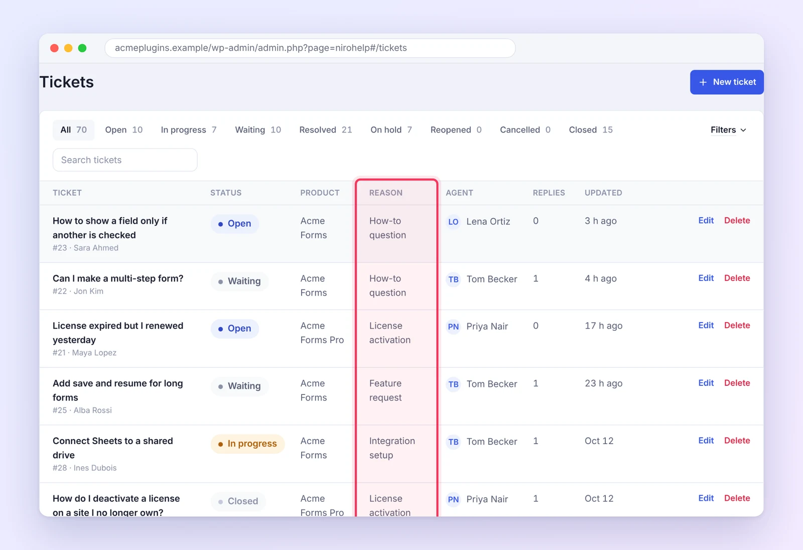 Knowledge base gap analysis tickets reason column